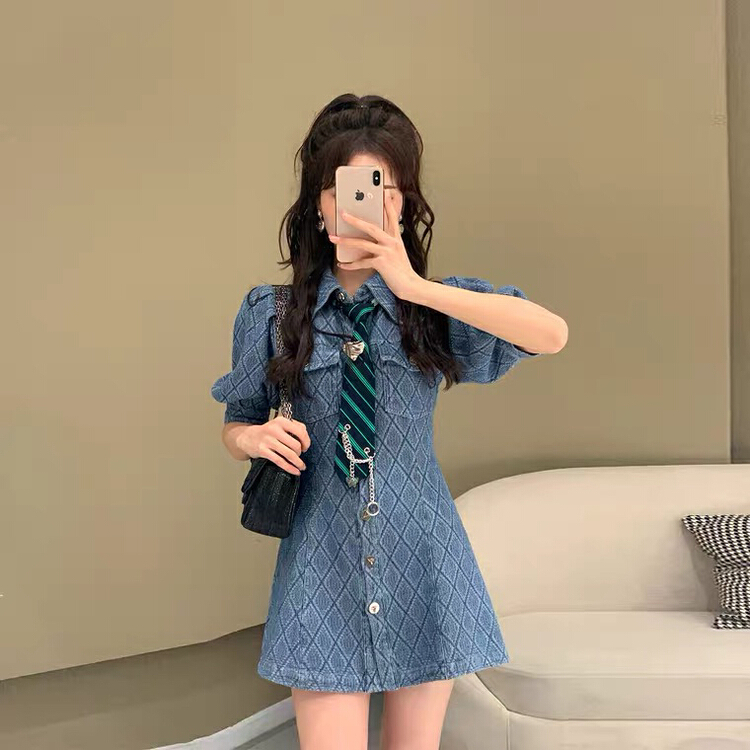 [Kiki studio] little man's exotic port style vintage denim dress (with tie) (only dresses) 5596# hjy