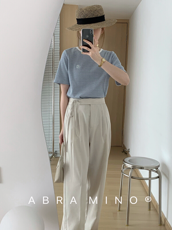 [Abra] simple stripe loose short sleeve T-shirt 89382# XJ