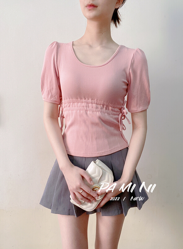 New year in early spring! [pamini] u neckline bubble sleeve temperament design sense double waist slim fit short sleeve T-shirt 916# HJC