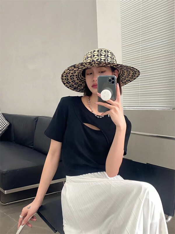 [black + white] Korean short hollow out design Short Sleeve T-shirt 2s02740t# lwy