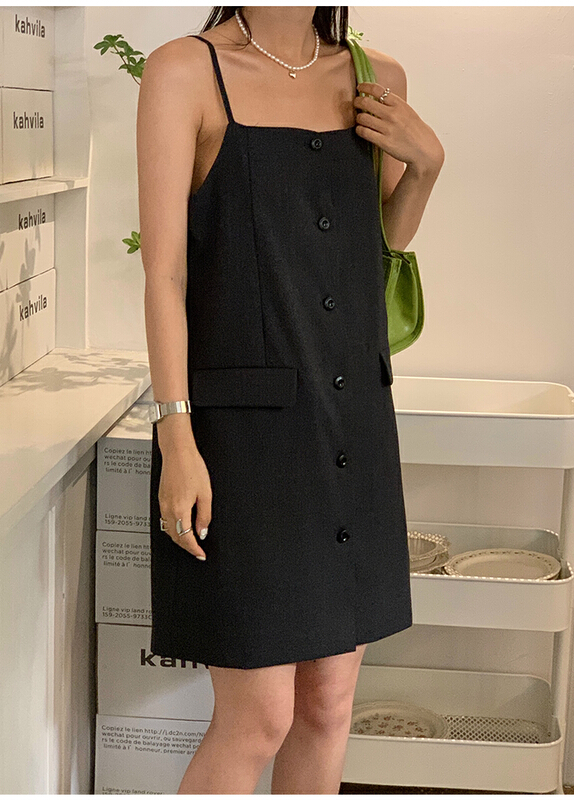 New in early summer! [the mind] Korean style solid color single breasted suspender strap skirt 60268-1# XYJ