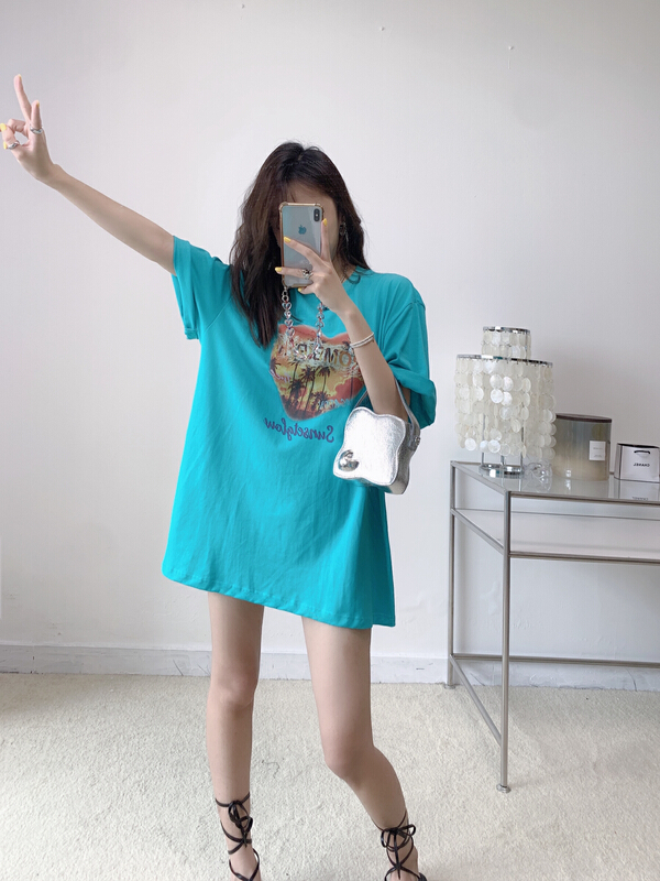 [Vanessa] crew neck loose print versatile short sleeve T-shirt t31# ozq