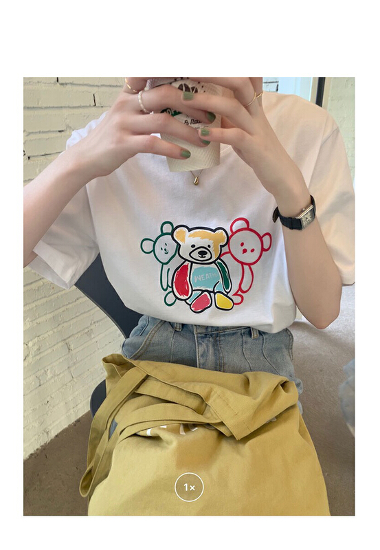 [timely rain] Han Feng ins college style loose and versatile contrast color reduced age bear printed short sleeve T-shirt 00525\wpl