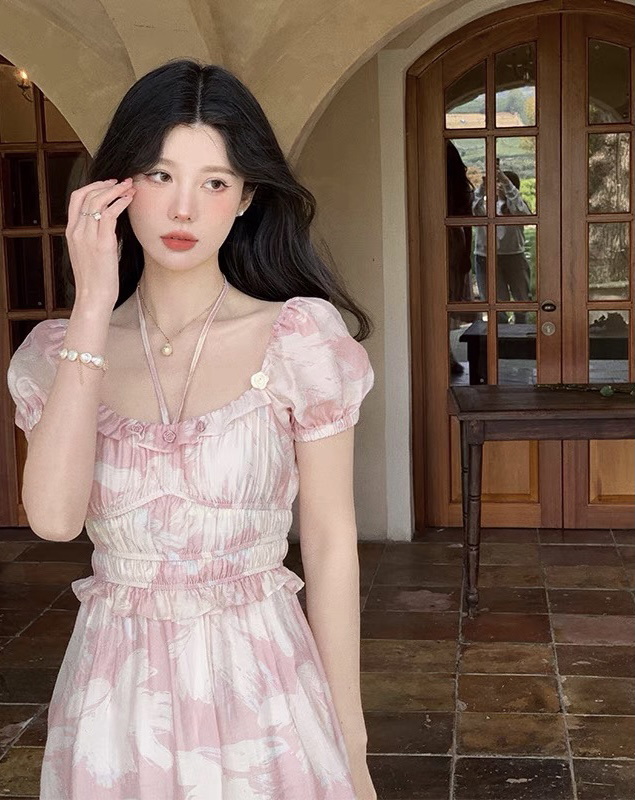 [smile baby] French holiday Style Rose neckline lace up waist slim dress b3033# WPL