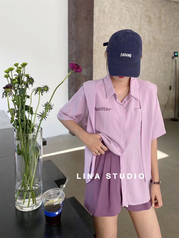 [Lina] Korean printed shawl short sleeved shirt (shawl cannot be disassembled) 8955# zxx