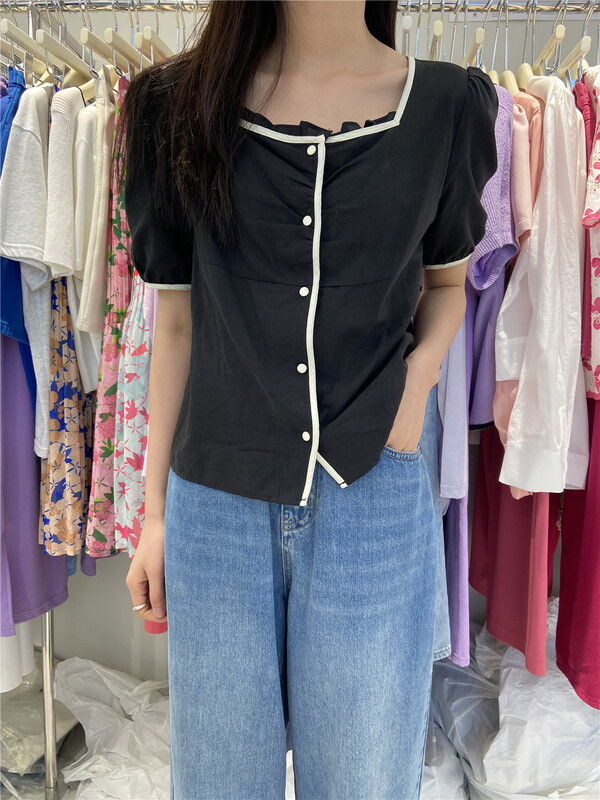 [emoni] Korean Fashion Square Collar single breasted short sleeved shirt 10959# CLS