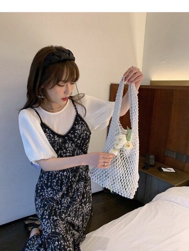 [Sumi] gentle wind bubble sleeve blouse + suspender floral dress set 22605# zjy
