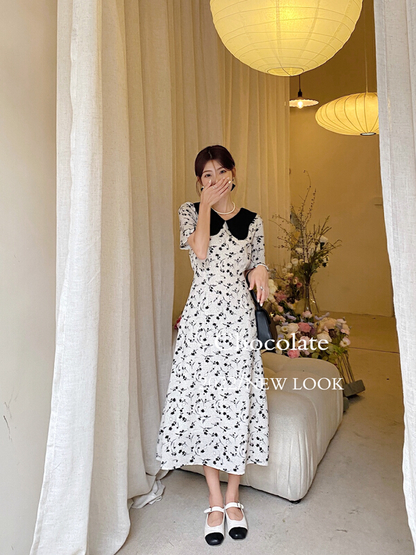 [chocolate] Korean doll neck floral dress (with belt) 28082# ll