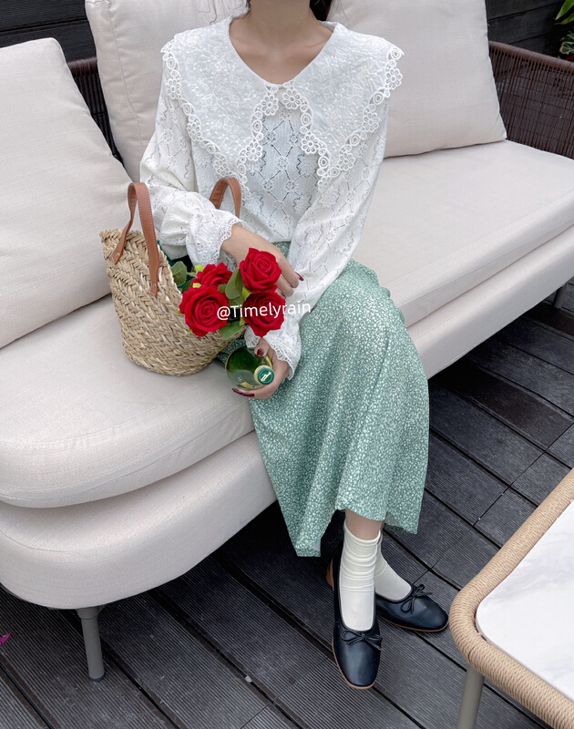 goods in stock! New year in early spring! [timely rain] Han Feng ins sweet craft lace Lapel loose and versatile shirt 02013# jhy
