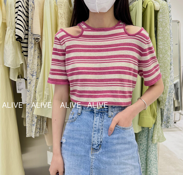 [alive] Korean ins stripe off shoulder sweater 8037# lwy