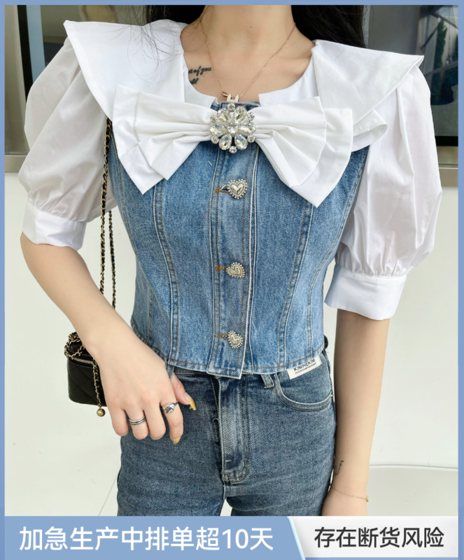 New year in early spring! [mi2] splicing short sleeved denim shirt (with bow brooch) a3213# JJ
