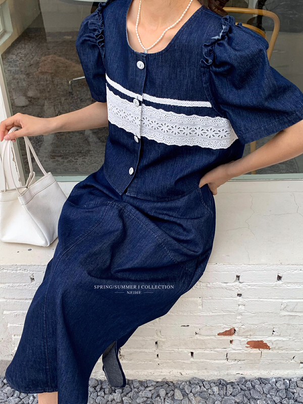 [neihe] French style bubble sleeve short denim shirt 22260# zxx
