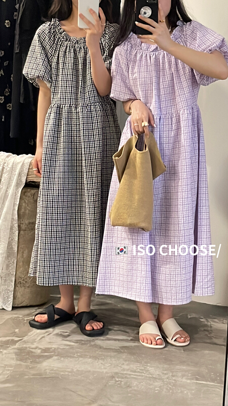 [ISO Korean] Korean version bubble sleeve with one line neck and high waist first love dress 66127# hjy