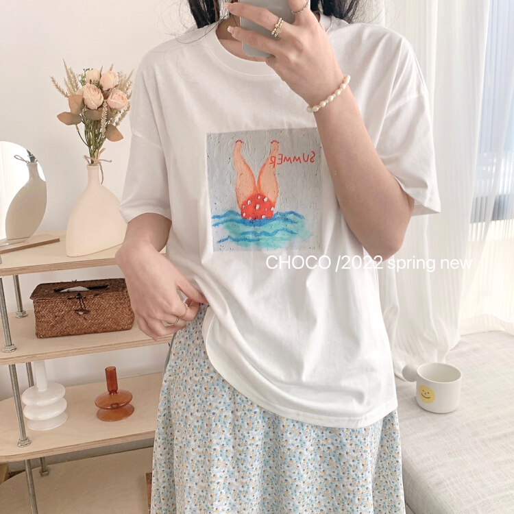 goods in stock! New year in early spring! [choco] small fresh simple funny fat printed short sleeve T-shirt a7274# LSW