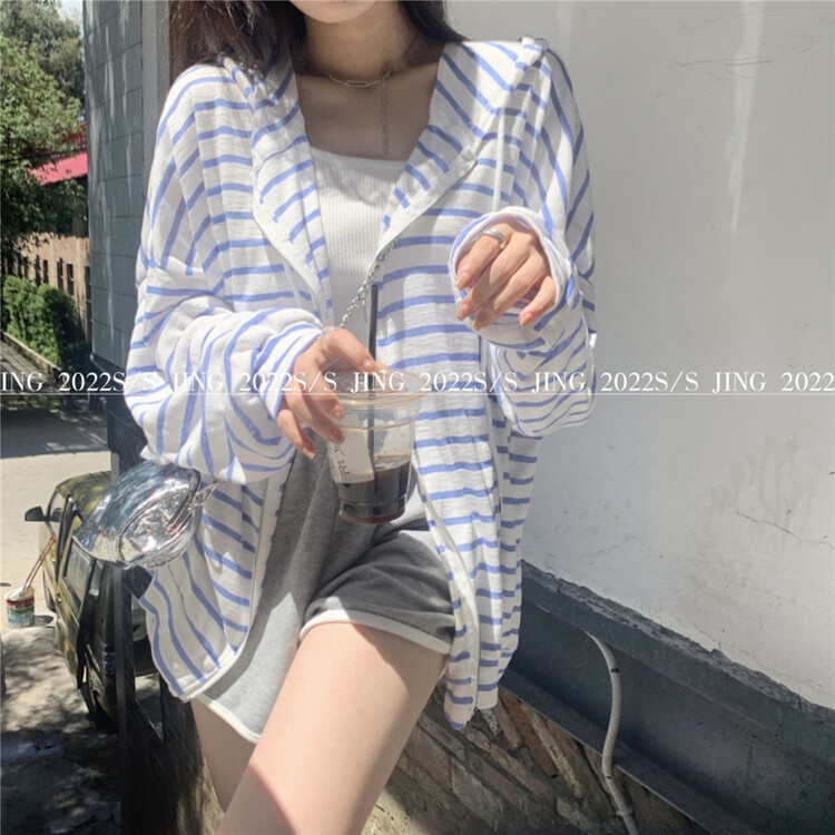[Jing] Korean striped zipper hooded sunscreen shirt (with suspender) 6662# cqw