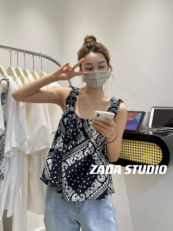 [Zada] Korean fashion loose print suspender blouse 3266# WTT