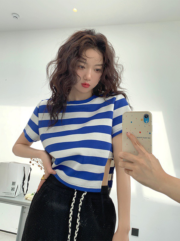 [wgwe] Korean lazy stripe design Short Sleeve T-shirt 1715# PCZ