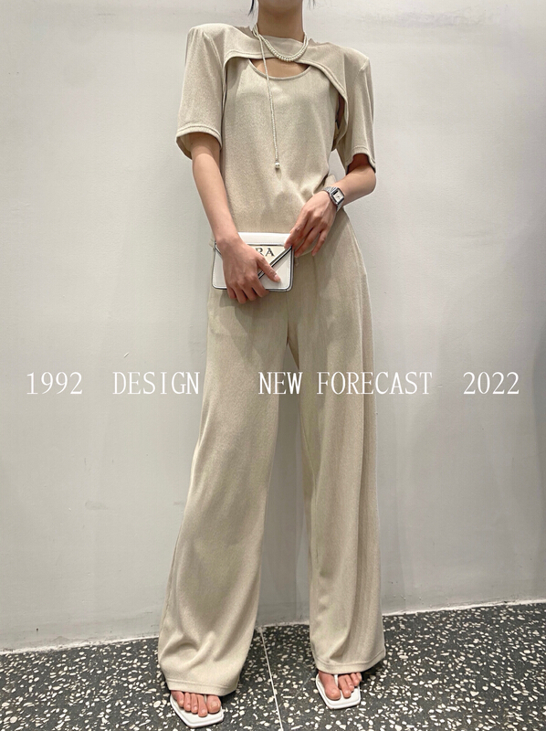 [1992] elastic waist ice silk drawstring wide leg casual pants 3750# L