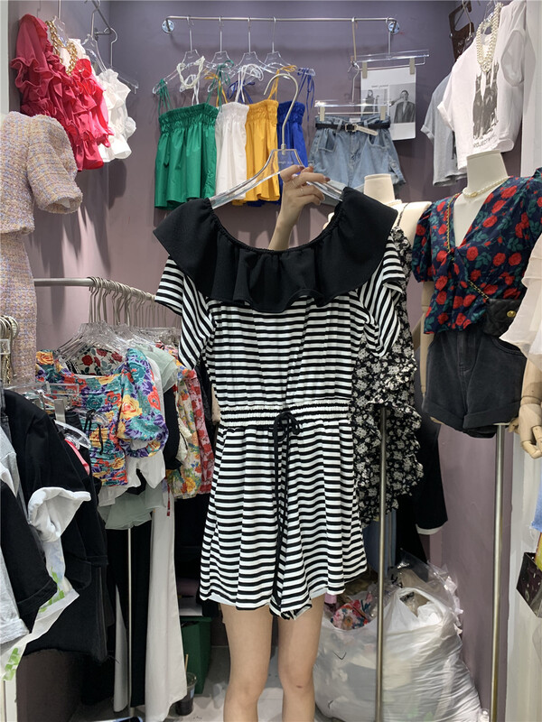 [SME +] Korean striped one-piece neckline waist closing Jumpsuit 2689# CSX