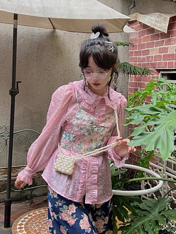 goods in stock! New year in early spring! [L.L studio] 2022 new flocking dot doll collar shirt 7060# PCZ