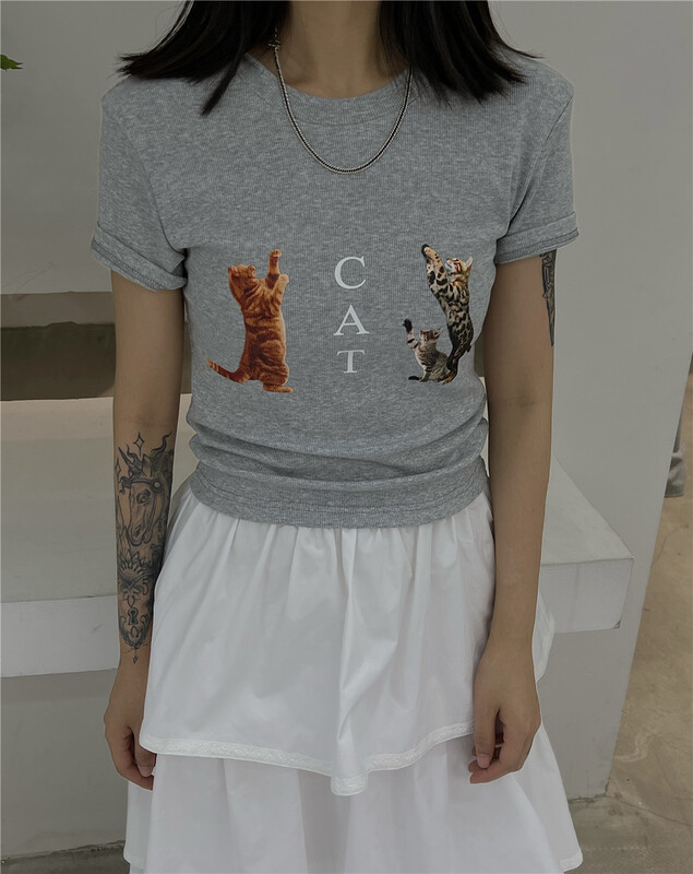 [VI. Liu Liu] Korean Kitty print round neck short sleeve T-shirt 60235m# zxx