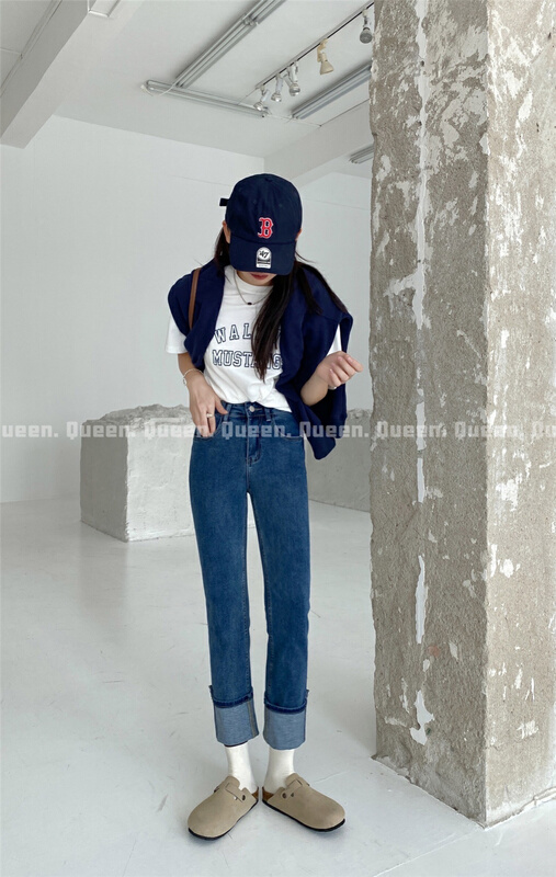早春上新！【QUEEN1】直筒百搭顯瘦牛仔褲  397-1#  XYJ