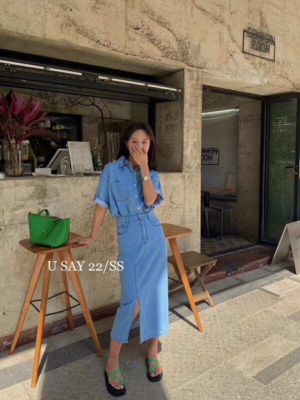 goods in stock! [u say] casual Hong Kong Style denim shirt + slim split skirt suit (suit only) 65518# LSL