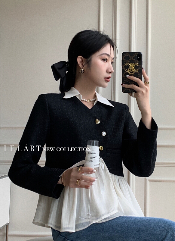 New year in early spring! [le lart] original high fashion French style small fragrance style shirt collar patchwork yarn hem short coat ll5321# jhy