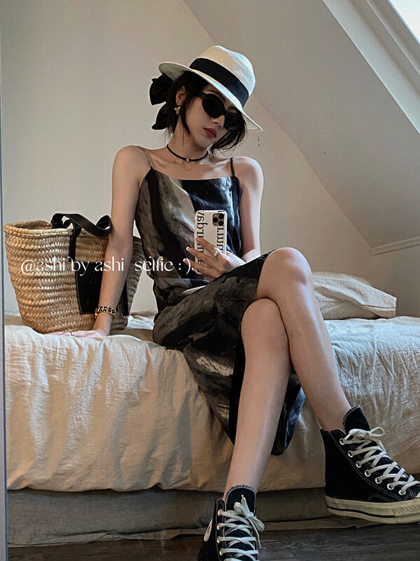 [wgwe] French retro ink print dress 1705# PCZ