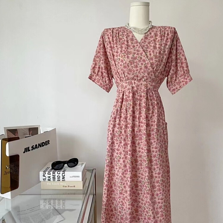 [YG] French retro dress slim V-neck floral dress 952# lwy