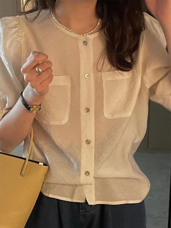 [h-xl] Korean round neck bubble sleeve gentle style small shirt 3557# XYY