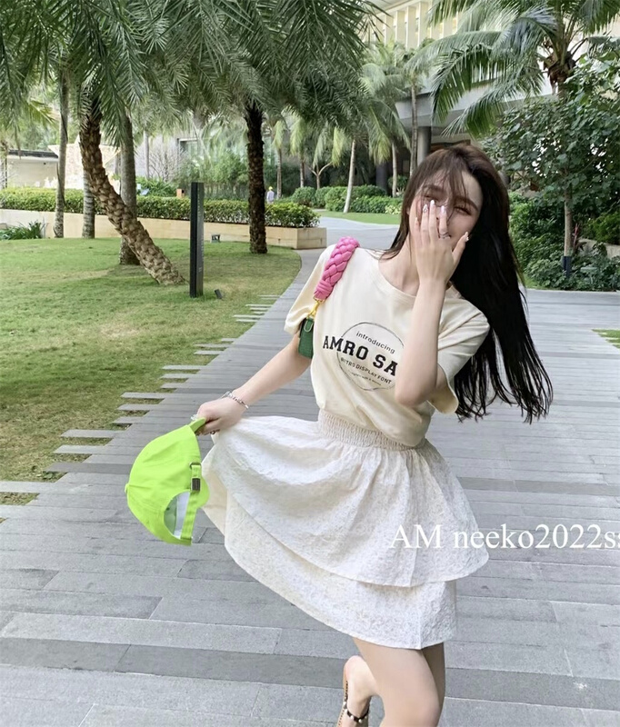 New year in early spring! [am] simple round neck letter short sleeve + slim and versatile comfortable floral skirt suit 3395# JJ
