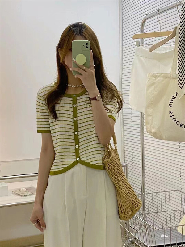 [Yun] Korean style single breasted stripe knitted short sleeve T-shirt 6517# CSX