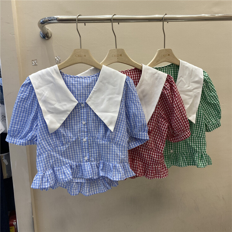 [chuanmujingzi] lady doll collar Plaid single breasted blouse 3565# WPL