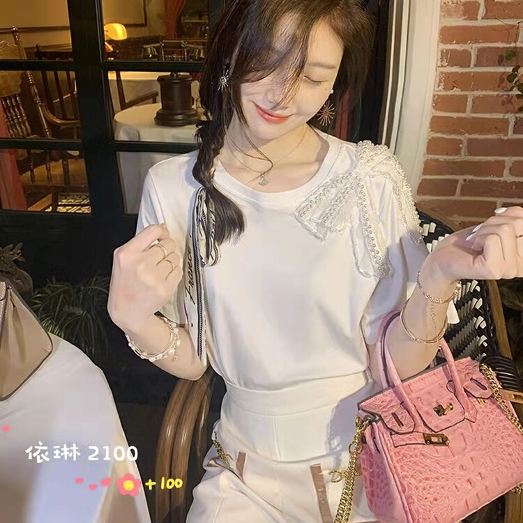 New in early summer! [Irene] butterfly knot nail bead stitching design Short Sleeve T-shirt 2200# WTT
