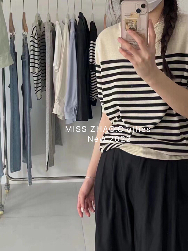 初夏上新!【MISSZHAO】圓領條紋百搭針織衫  1359#  HBX