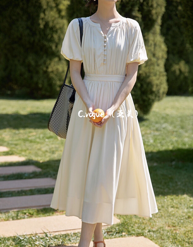 New in early summer! [c.vogue] waist closing temperament bubble sleeve dress (excluding bag) 8822# PCZ