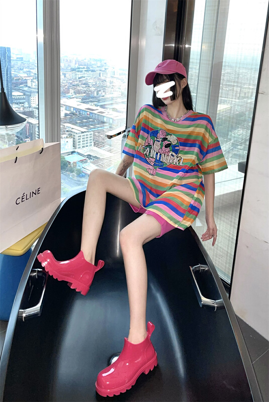 [3 + 2] Korean loose color stripe nail bead medium long short sleeve T-shirt 3213# WPL
