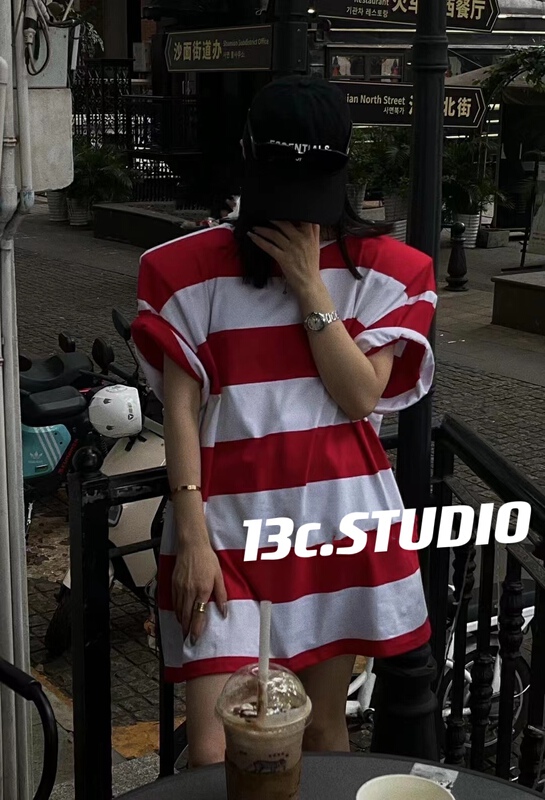 【13C.STUDIO】韓系圓領撞色條紋寬鬆短袖T恤  8537#  PCZ