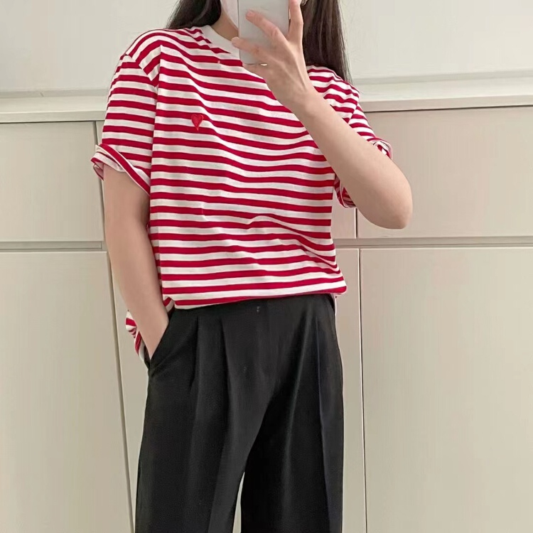 New in early summer! [malt] striped heart Embroidery Crew Neck loose short sleeve T-shirt 55512# XYJ