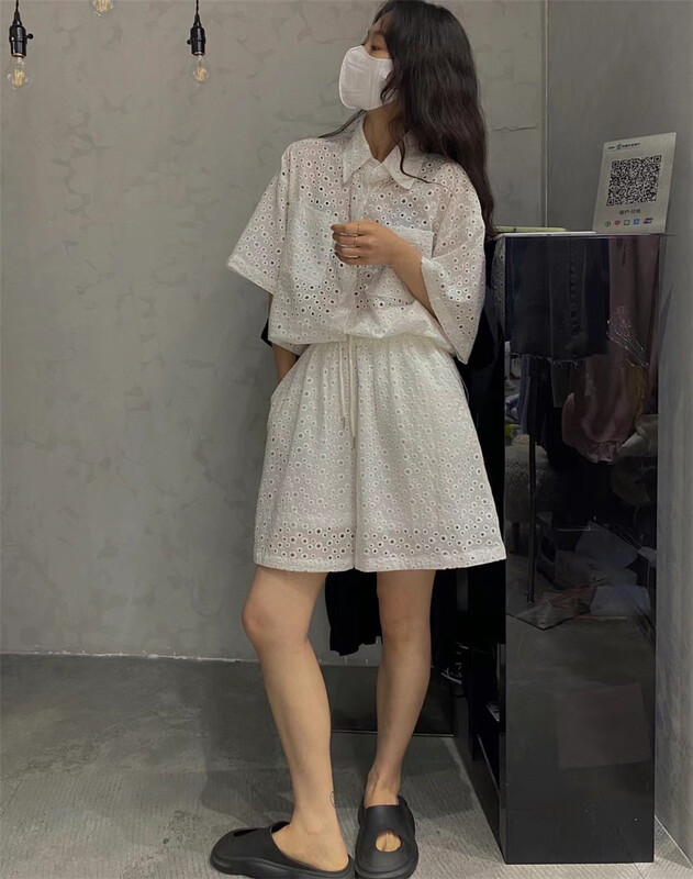 [red girl] simple and versatile single breasted Crochet shirt + versatile basic comfortable Crochet suit 9587# XYY
