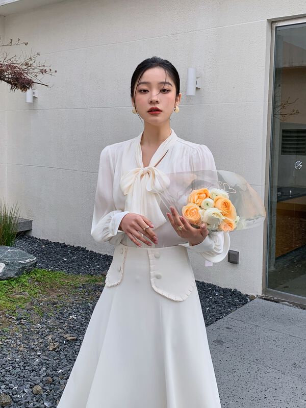 New year in early spring! [Hanna Hanna] bow ribbon temperament French elegant simple shirt m8096# XJ
