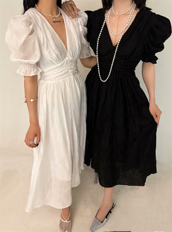 goods in stock! New in early summer! [D22] French temperament waist closing V-neck bubble sleeve dress 2103518# zxx