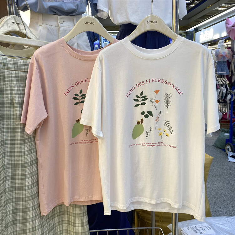 New in early summer! [Momo] casual crew neck loose plant print short sleeve T-shirt 3833# HBx