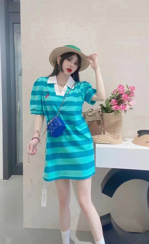 New in early summer! [C.H] Korean striped embroidered cherry dress 588# XYY