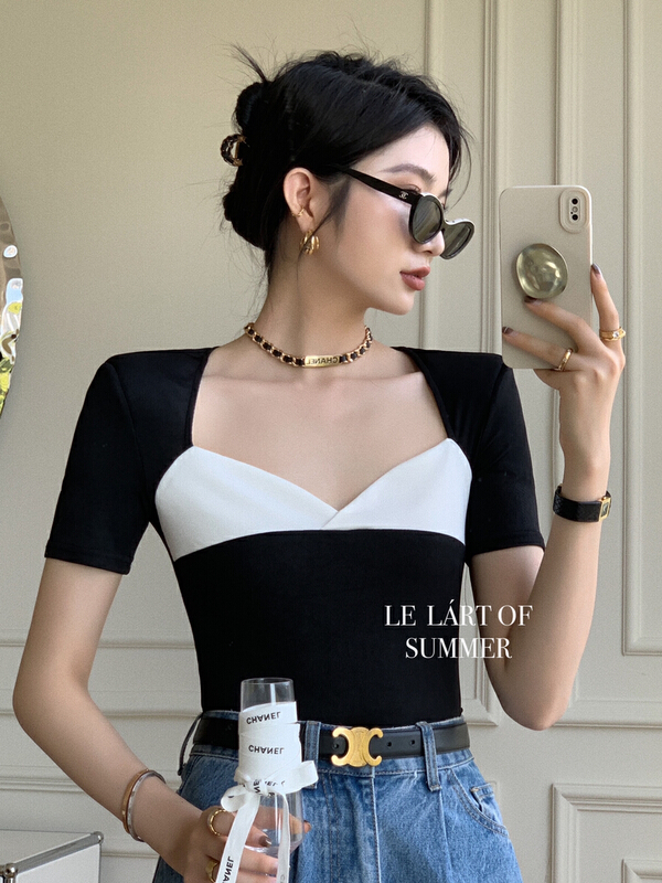 [le lart] high fashion French Hepburn style black and white stitching blouse (only selling blouses) ll5468# XYJ