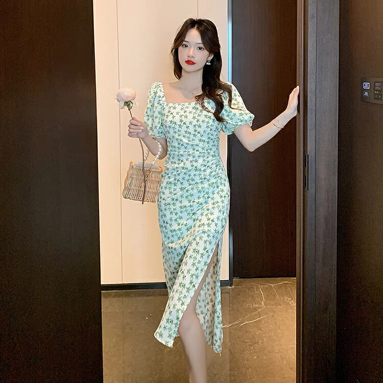 [Huaxi] French temperament square neck bubble sleeve floral dress 9060# PCZ