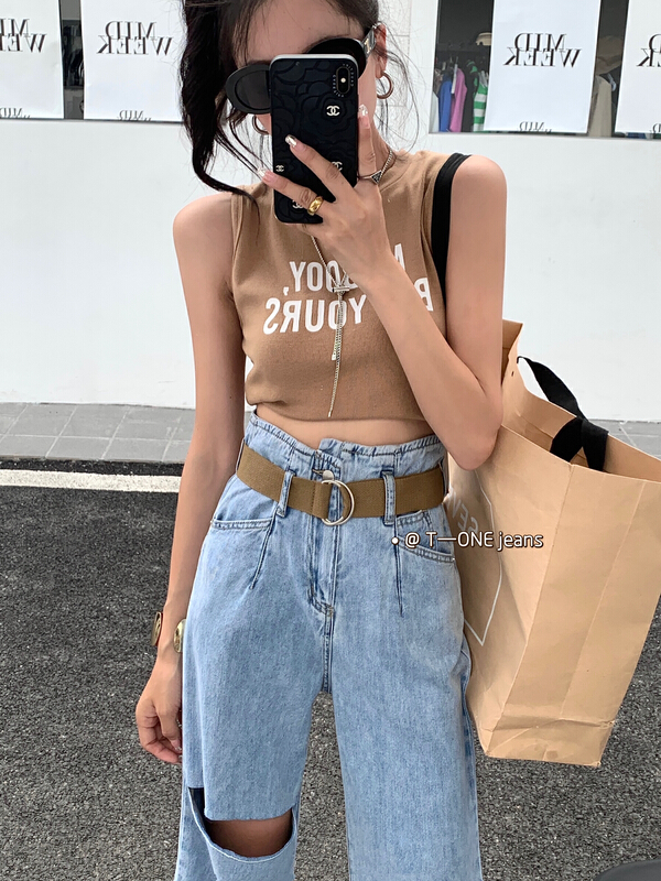 New in early summer! [t one] Korean style wide legged thin westernized jeans (with belt) 9079# LSL