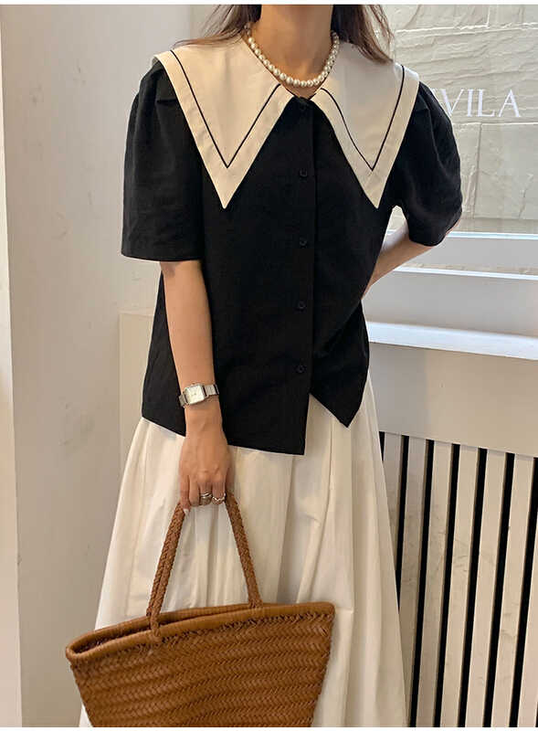 [the mind] Korean contrast large lapel shirt 60323# XYJ