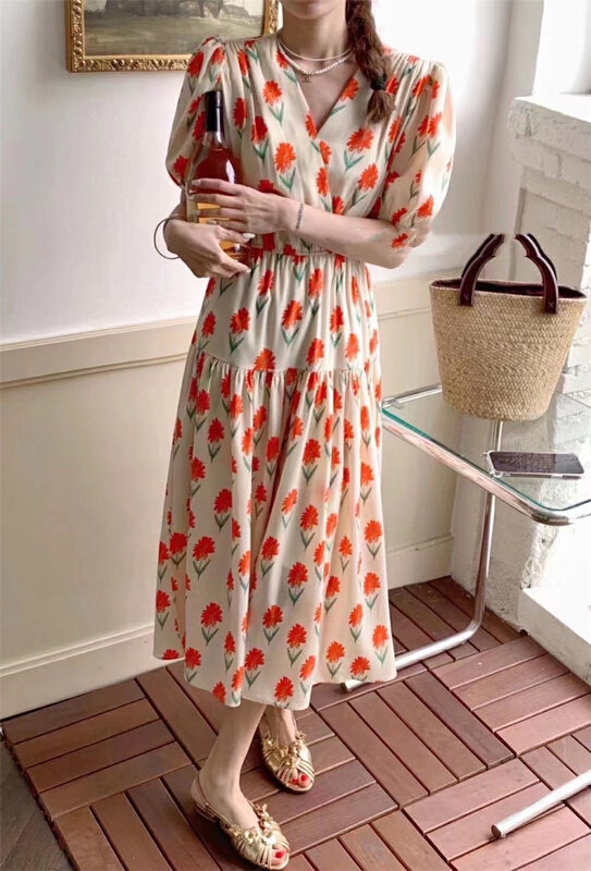 [Moco Moke] Korean version waist closing floral dress 7721# PCZ